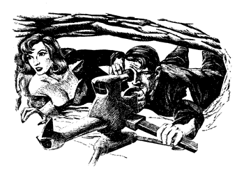 Drawing of a woman and a man with a gun.