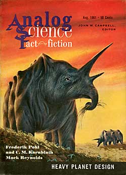 Cover of August 1961 Analog magazine, showing an animal from a heavy planet.