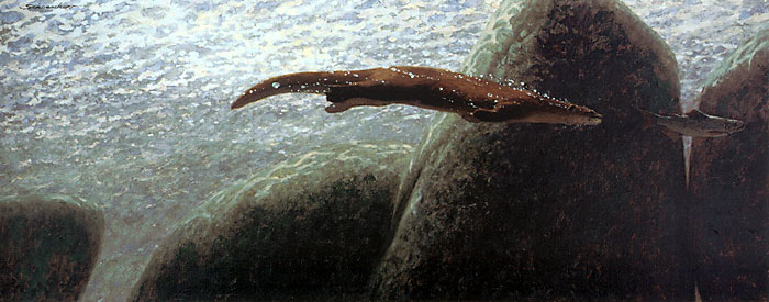 Oil painting of an otter chasing a fish underwater.